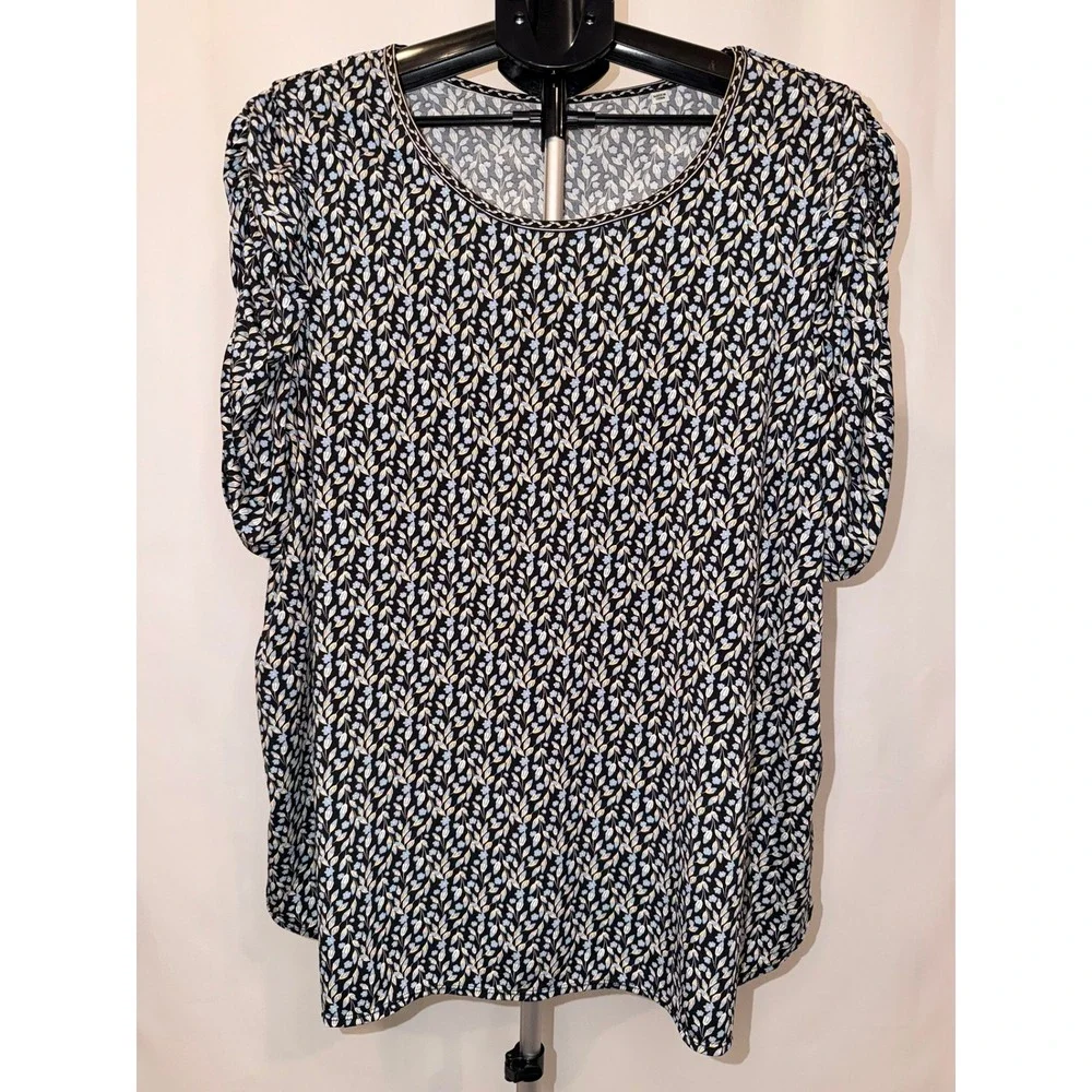 Max Studio London Puff Sleeve Floral Top Black Blue Women XL 3W02W38